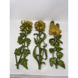 3 Vintage 1966 MCM Dart Industries Floral Flowers Wall Hanging Green Yellow 20”